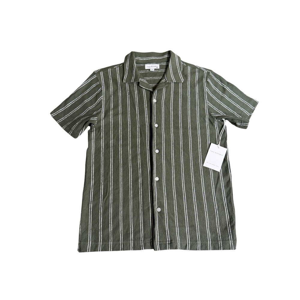 Free Assembly Mens Olive Green White Striped Short Sleeve Camp Shirt Small NEW